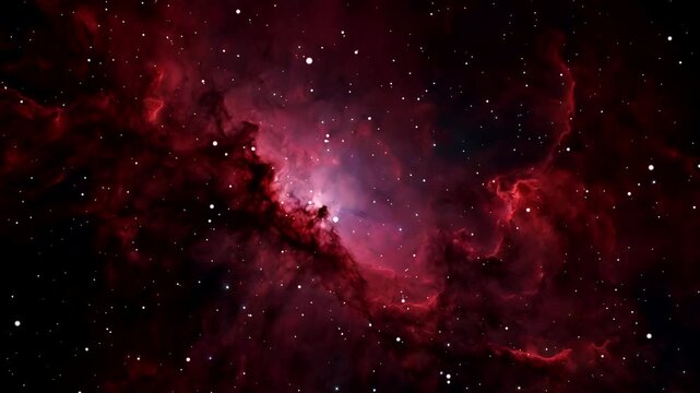 Space travel through a red nebula clouds