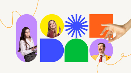 Creative recruitment collage with abstract shapes and portraits of diverse business people. Concept of HR innovation, hiring strategies, and corporate diversity in bright modern style.