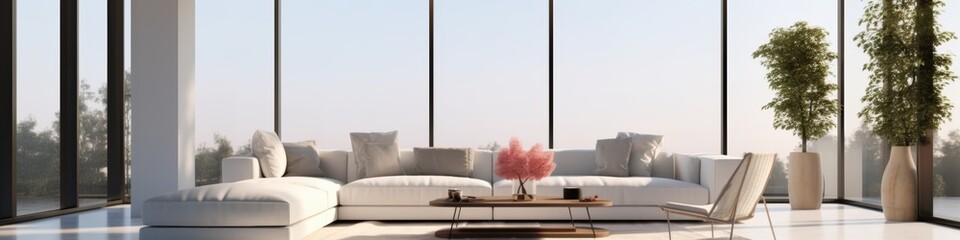 Fototapeta premium Modern living room with a large white sectional sofa, minimalistic coffee table, floor-to-ceiling windows, and tall potted plants providing a bright, airy atmosphere.