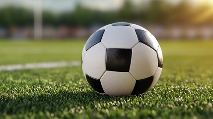 Fototapeta premium Soccer ball resting on lush green field at sunset