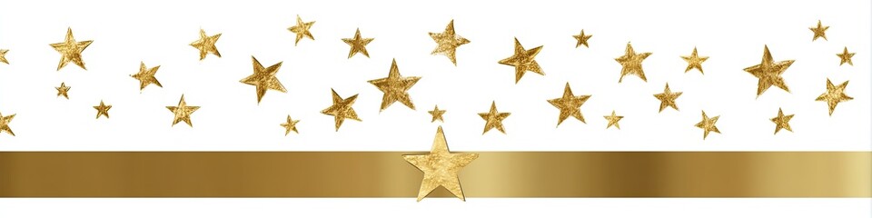 Obraz premium Gold stars scattered across a white background with a gold ribbon