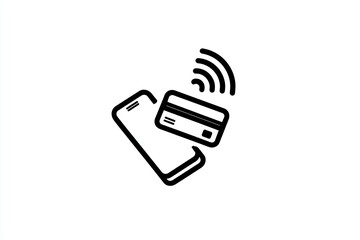 Simple graphic of a smartphone and credit card, overlaid with wireless signal waves, suggesting mobile payment
