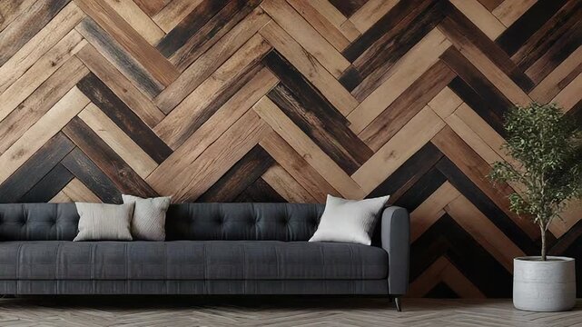 Modern living room with herringbone parquet and elegant sofa