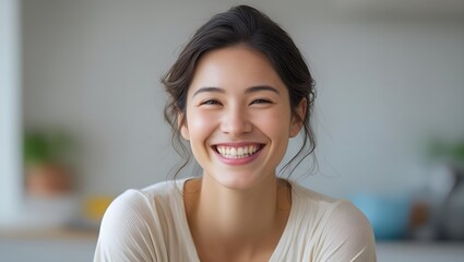 Close up portrait of a happy young asian woman with a bright genuine smile and dark hair