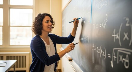 A teacher standing in front of a chalkboard in a classroom, teaching mathematics.