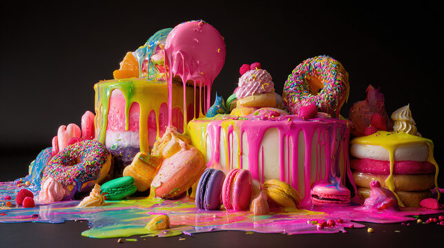 Surreal still life of artificially perfect food melting into darkness, symbolizing modern dietary contradictions.