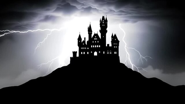 Haunted Castle Silhouette in a Thunderstorm - Seamless Loop, Spooky Animation