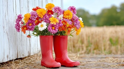 Two red boots with flowers in them. The boots are red and the flowers are pink, yellow, and orange. The boots are placed on a wooden fence