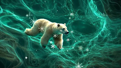 Majestic polar bear amidst ethereal teal energy, dotted with snowflakes - Powered by Adobe