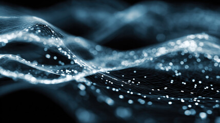 Abstract Technology Background with Blue Tone and Dynamic Wavy Patterns of White Dots and Lines