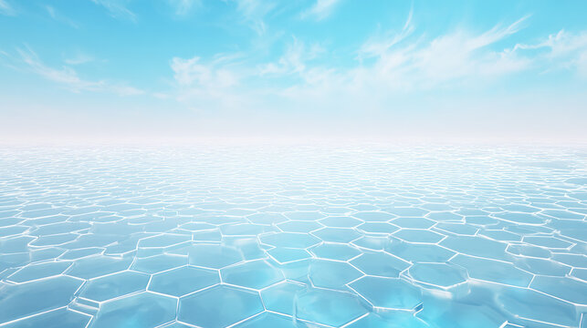 Abstract 3D Space Scene with Light Blue and Hexagonal Geometric Frame, Conveying Futuristic Sci-Tech Feel