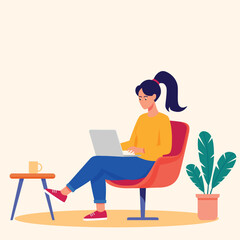freelance woman using laptop on chair at home office flat design vector illustration work from home background