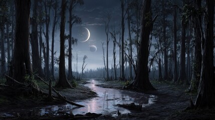 Mystical Pixelated Night Forest Landscape