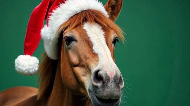New Year horse Portrait in Santa Claus Hat Green, Christmas Card. AI-generated