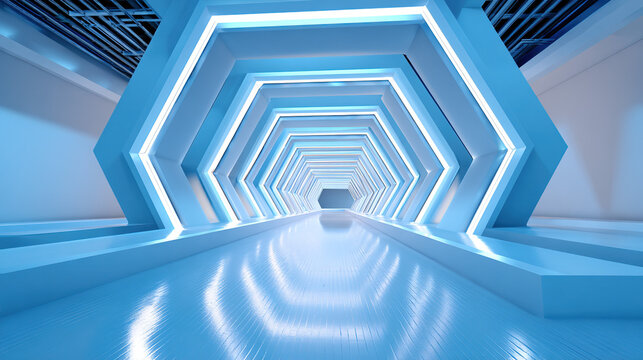 Abstract 3D Space Scene with Light Blue and Hexagonal Geometric Frame, Conveying Futuristic Sci-Tech Feel