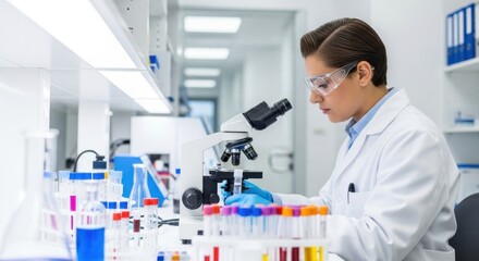 A female scientist in a lab coat, using a microscope in a laboratory.