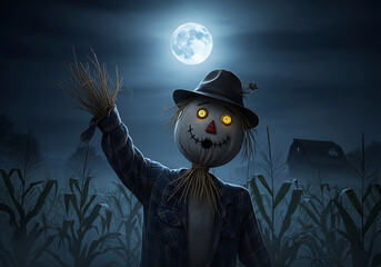 Scarecrow in cornfield under full moon