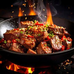 Deliciously seasoned stir-fried cubes of meat over fire