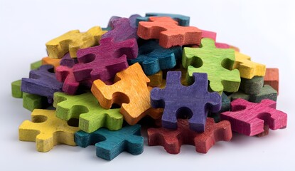 Colorful wooden puzzle pieces piled up on a white background, perfect for developing creativity and logical thinking in both children and adults