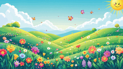 Fototapeta premium Cheerful Sunny Meadow with Smiling Flowers and Butterflies vector illustration.