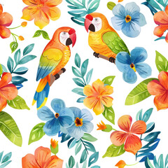 Tropical parrots and hibiscus flowers pattern, fabric design