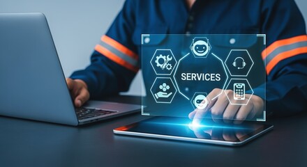 Technician using a Digital Interface to Access Services, Managing Operations and Troubleshooting Technical Issues