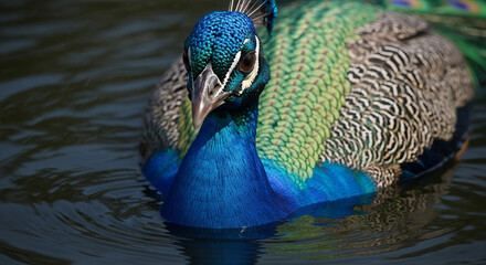  Close-up of a majestic adult peacock’s head and upper body emerging from dark murky water, vibrant iridescent blue and green feathers with gold highlights, sharp beak, and dramatic lighting emphasizi