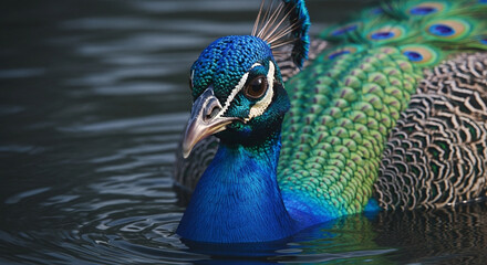  Close-up of a majestic adult peacock’s head and upper body emerging from dark murky water, vibrant iridescent blue and green feathers with gold highlights, sharp beak, and dramatic lighting emphasizi