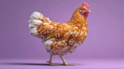Fototapeta premium A brown and white chicken stands against a solid purple backdrop The chickens feathers are visible in detail