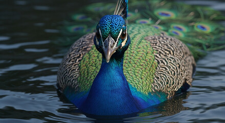  Close-up of a majestic adult peacock’s head and upper body emerging from dark murky water, vibrant iridescent blue and green feathers with gold highlights, sharp beak, and dramatic lighting emphasizi