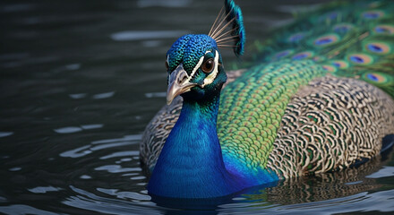  Close-up of a majestic adult peacock’s head and upper body emerging from dark murky water, vibrant iridescent blue and green feathers with gold highlights, sharp beak, and dramatic lighting emphasizi