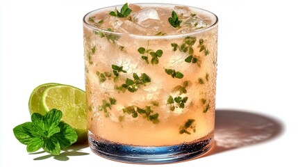 A glass of pink drink with a lime wedge on the side. The drink is garnished with mint leaves