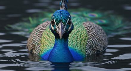  Close-up of a majestic adult peacock’s head and upper body emerging from dark murky water, vibrant iridescent blue and green feathers with gold highlights, sharp beak, and dramatic lighting emphasizi