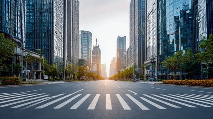 Obraz premium Urban Landscape with Empty Street in Business District at Sunrise