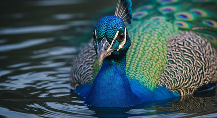 Close-up of a majestic adult peacock’s head and upper body emerging from dark murky water, vibrant iridescent blue and green feathers with gold highlights, sharp beak, and dramatic lighting emphasizi