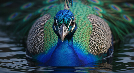  Close-up of a majestic adult peacock’s head and upper body emerging from dark murky water, vibrant iridescent blue and green feathers with gold highlights, sharp beak, and dramatic lighting emphasizi