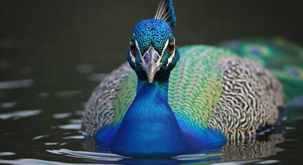 Close-up of a majestic adult peacock’s head and upper body emerging from dark murky water, vibrant iridescent blue and green feathers with gold highlights, sharp beak, and dramatic lighting emphasizi