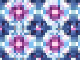 Pixelated floral pattern with a checked backdrop.  Purple/pink blossoms on a light blue/white grid
