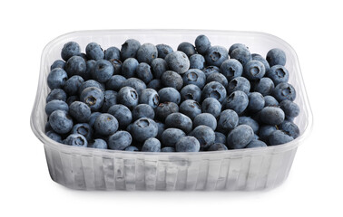 Frozen blueberries in plastic container isolated on white