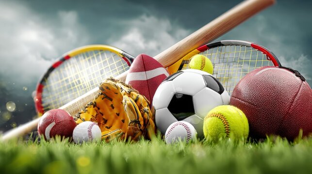 Diverse Sports Equipment Composition on Green Grass Backdrop Showcasing Active Lifestyle and Competitive Spirit