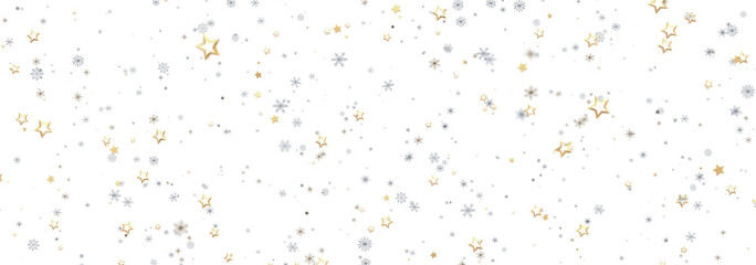 Festive winter background with gold and silver stars and snowflakes. Perfect for holidays.