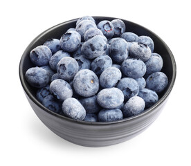 Many frozen blueberries in bowl isolated on white