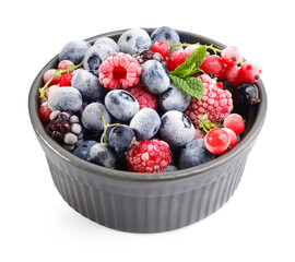 Many different frozen berries and mint in isolated on white