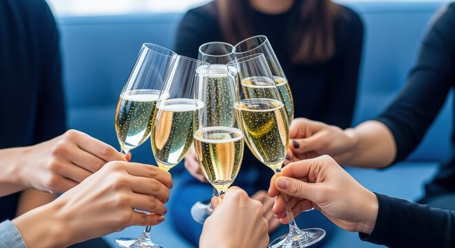 Group Toasting with Champagne Flutes, Celebrating Success and Togetherness, Perfect for Corporate Events and Social Gatherings