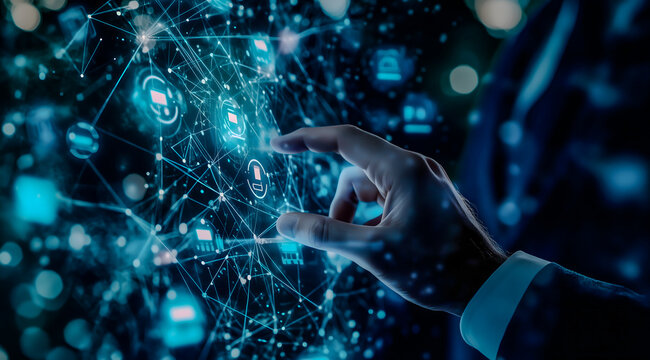 Hand Pinching a Blue Social Network on a Futuristic Screen