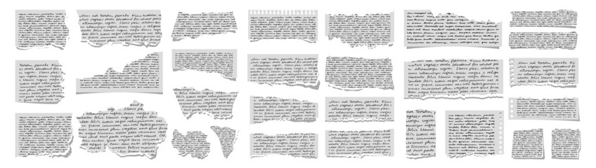 Naklejka premium Vintage torn paper with illegible handwritten text, scribbles and sketching on transparent background