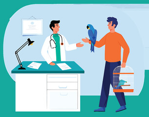 Vector illustration of a pet owner with his blue macaw parrot at the veterinarian's office for a consultation
