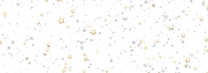 Festive winter background with gold stars, silver snowflakes. Perfect for holidays.