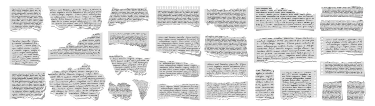 Vintage torn paper with illegible handwritten text, scribbles and sketching on transparent background