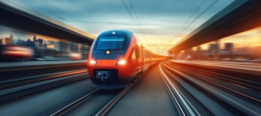 Fototapeta premium Dynamic High-Speed Commuter Train on Modern Railways, Depicting Future Mobility and Transport